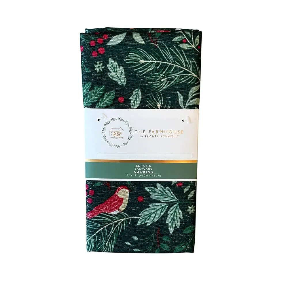 Rachel Ashwell Farmhouse CHRISTMAS JOY Dinner Napkins 18x18 Set of 6 Green NEW